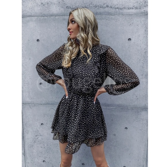 Black Mini Dress Long Sleeve All Overt Spotted Print Ruffe Detail - Picture 4 of 7